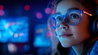 Young Asian woman in glasses and headphones illuminated by blue neon light smiles while gaming or streaming, with blurred bokeh background creating cyberpunk atmosphere.