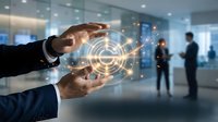 Businessman hands holding glowing digital target interface with light particles in modern office environment with colleagues in background.