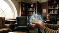 Elderly hands holding a glowing holographic sphere with digital icons in a cozy library setting, blending technology and wisdom.