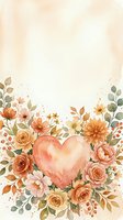 Watercolor floral heart arrangement in warm peach and orange tones with roses and wildflowers, soft background with copy space for greeting cards.