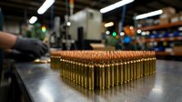 Rows of brass ammunition cartridges arranged on industrial table in manufacturing facility with worker and machinery in blurred background.