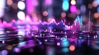 Futuristic financial data visualization with pink and purple neon graphs reflecting on glossy surface amid glowing bokeh lights and ripple effects.
