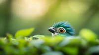 Curious turquoise bird with bright yellow eye peeks through green foliage, creating mysterious and playful wildlife scene in natural environment.