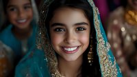Young South Asian woman in traditional turquoise sari with gold embroidery smiling at camera during cultural celebration or wedding ceremony.