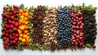Fresh colorful food ingredients arranged in stripes pattern with strawberries, kumquats, star anise, pistachios, blueberries, cranberries and black peppercorns on dark background.