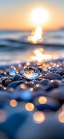 Magical water drop on beach pebbles reflects golden sunset while bokeh lights dance across waves, creating dreamy coastal atmosphere at dusk.