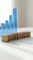 Wooden blocks spelling SKILL with ascending blue glass bars representing professional development and career growth in business training.