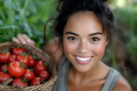 Young Asian woman with bright smile holding basket of fresh red tomatoes in garden setting, natural sunlight illuminates her radiant expression and harvest.