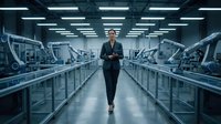 Male professional in business attire jogging through modern factory floor with automated machinery and fluorescent lighting, representing industrial innovation and corporate wellness.