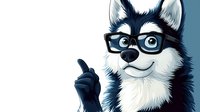 Cartoon husky dog wearing glasses showing thumbs up gesture against blue background, smiling friendly expression. Isolated character for mascot design.