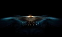 Glowing digital wave pattern with dots forming dynamic surface against dark background, golden light emerging from center creates futuristic technology landscape.