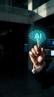 Businessman finger touching glowing AI brain network hologram in modern office environment representing artificial intelligence and digital transformation.