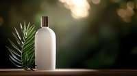 White cosmetic bottle with natural palm leaf on wooden surface against blurred green background for organic skincare and beauty product packaging.