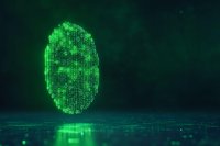 Digital fingerprint made of green binary code matrix floating over reflective surface against dark background, representing cybersecurity and biometric authentication.
