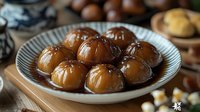 Glazed chestnuts in syrup served on elegant glass plate with whole chestnuts and potatoes in rustic kitchen setting for gourmet cooking and holiday recipes.
