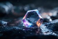 Glowing hexagonal crystal with vibrant purple and orange light effects on dark textured surface, magical mystical atmosphere with bokeh background.