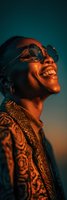 Happy African American woman with glasses laughing joyfully in warm orange lighting wearing patterned shirt against teal background for lifestyle content.