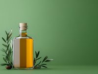 Glass bottle of golden olive oil with fresh green olive branches on green background, minimalist composition for food and cosmetic advertising.