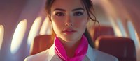 Young Asian female flight attendant in pink neck scarf and white uniform jacket aboard luxury private jet with soft window lighting creating atmospheric glow in cabin.