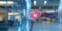 Digital wireframe hand reaching toward glowing AI symbol in futuristic tech environment with data streams and holographic interface elements.