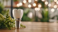 Dental implant model with green plant and bokeh lights on wooden surface, showcasing modern dentistry and oral healthcare in natural setting.