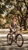 Happy young boy riding bicycle in sunny park with dappled sunlight filtering through trees creating warm summer atmosphere for outdoor recreation and childhood joy.