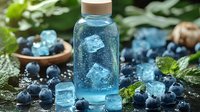 Fresh blueberries scattered around glass bottle with blue liquid and ice cubes, green leaves and wooden bowl on dark background, refreshing summer drink.