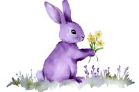 Purple bunny holding yellow daffodils in spring meadow with lavender flowers, watercolor style illustration on white background for nursery art and greeting cards.