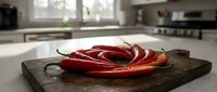 Fresh red chili peppers arranged on rustic wooden cutting board in modern kitchen setting for culinary cooking and spicy food preparation.