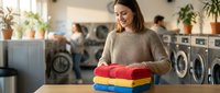 Young woman holding stack of colorful folded towels in modern laundromat with washing machines in background, domestic chores and household tasks concept.
