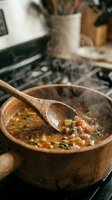 Rustic wooden bowl filled with steaming lentil soup containing vegetables and herbs, wooden spoon resting inside, artist studio workspace with supplies blurred in background.
