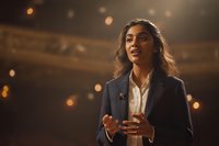 Professional young businesswoman presenting at corporate conference with warm ambient lighting and bokeh background for business presentations.