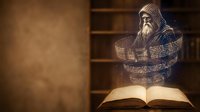 Elderly bearded wizard in hooded robe reading ancient spellbook with magical glowing text in medieval library setting for fantasy storytelling projects.