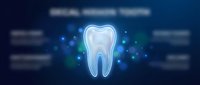 Glowing tooth icon with sparkling effects on dark blue background for dental care and oral health concepts in medical presentations and healthcare designs.