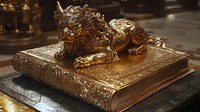 Golden dragon sculpture resting on ornate antique book with embossed leather cover and decorative metalwork details, illuminated by dramatic lighting creating rich shadows.