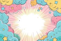 Bright sunburst explosion with pastel clouds and stars in comic style frame. Decorative cartoon sky background with yellow, pink and turquoise fluffy clouds.
