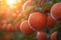 Fresh ripe red apples with water drops on branch against golden sunset light, bokeh effect and green leaves in orchard garden background.