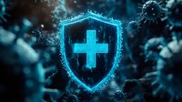 Medical shield with glowing blue cross surrounded by virus particles in dark background, representing healthcare protection and immune defense system.