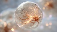 Glowing neural network sphere with branching connections and warm light effects on soft blurred background for medical and technology concepts.