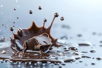 Dark chocolate piece falling into liquid splash creating crown shaped splash effect on reflective surface with droplets in macro photography.