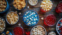 Colorful snack bowls with popcorn, cereal, candy and berries arranged on rustic wooden table, top view composition for party food styling and entertainment.