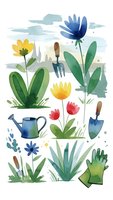 Watercolor gardening elements with flowers, plants, tools and watering can isolated on white background for spring design projects and botanical illustrations.
