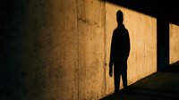 Silhouette of a person standing in a dark corridor with warm golden light casting long shadows on textured concrete walls, creating a moody atmospheric scene.