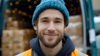 Young bearded man in blue knit beanie and navy hoodie smiling warmly against blurred bokeh background, expressing genuine happiness and contentment in winter setting.