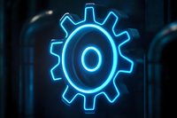 Glowing blue neon gear icon on dark background, symbolizing technology, innovation, and mechanical systems for business and tech designs.
