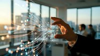 Hand touching digital network connections with glowing light effects in modern office environment representing technology innovation and connectivity.