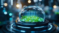 Glowing green microorganisms in petri dish with bokeh background, scientific research concept showing bioluminescent bacteria culture in laboratory setting.