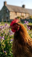 Brown hen with red comb in cottage garden with purple flowers and traditional farmhouse background for rural lifestyle and organic farming concepts.