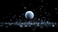 White golf ball bouncing on dark wet surface with water droplets splashing and bokeh effect creating dramatic sports atmosphere in low key lighting.