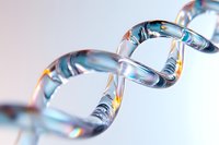 Glass DNA double helix structure with prismatic light reflections on gradient background for scientific research and biotechnology concepts.